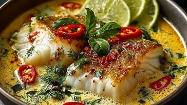 Coconut Lime Poached Fish Soup with a Creamy Finish