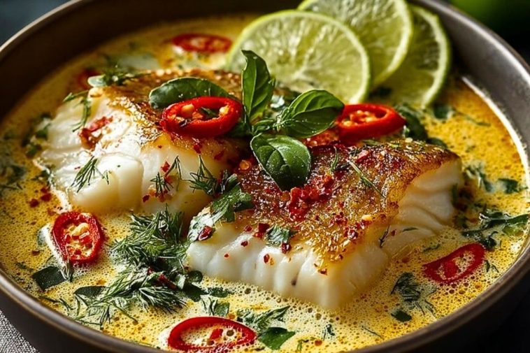Coconut Lime Poached Fish Soup with a Creamy Finish