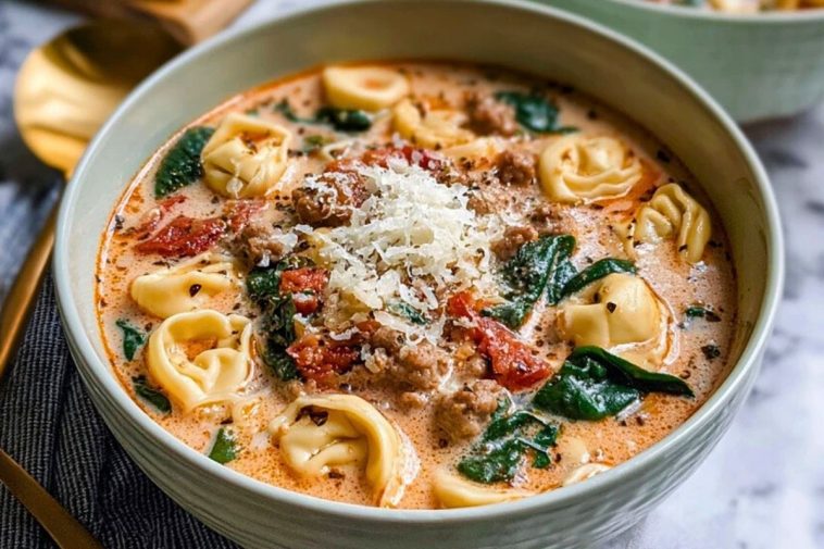 Cozy Slow Cooker Creamy Tortellini Soup with Spinach & Sausage