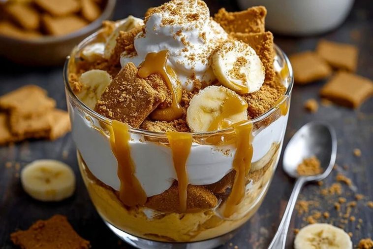 No-Bake Biscoff Banana Pudding with Gooey Caramel Drizzle