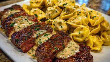 Cajun Garlic Butter Steak with Cheesy Alfredo Tortellini
