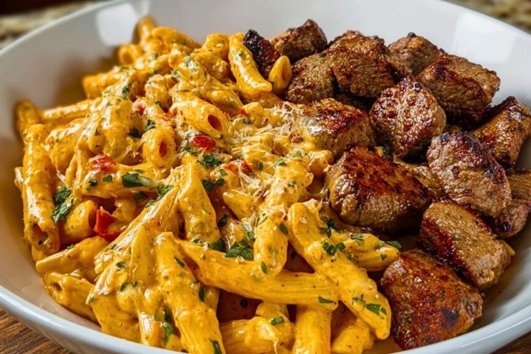 Cajun Steak Tips in Cheesy Penne Parmesan Sauce 1
