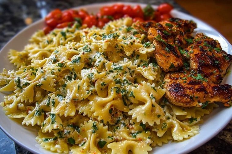 Cheesy Bowtie Pasta with Garlic Parmesan Chicken