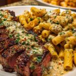 Cheesy Cajun Garlic Butter Steak with Creamy Rigatoni 1