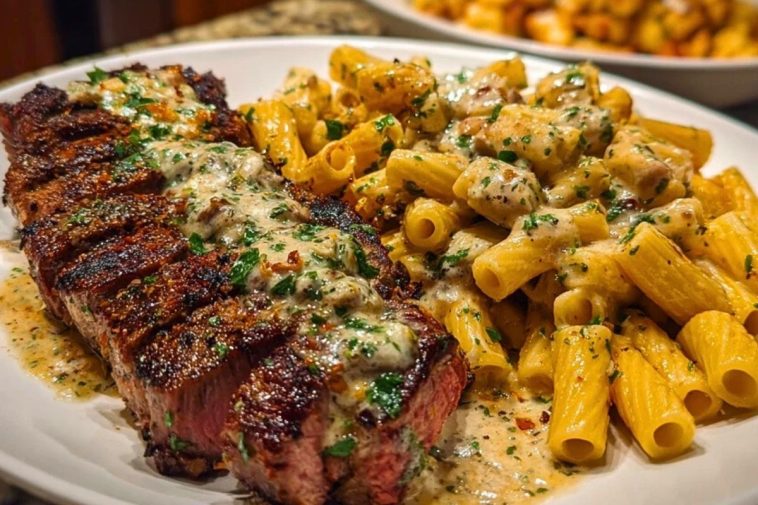 Cheesy Cajun Garlic Butter Steak with Creamy Rigatoni 1