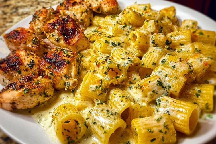 Cheesy Garlic Butter Chicken Rigatoni in Creamy Alfredo Sauce