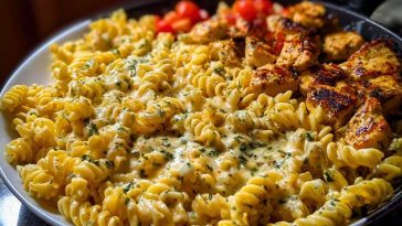Cheesy Velveeta Chicken Twisted Pasta with Mozzarella Garlic Sauce