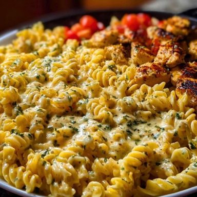 Cheesy Velveeta Chicken Twisted Pasta with Mozzarella Garlic Sauce