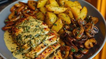 Chestnut Garlic Greek Chicken Alfredo with Sage Potatoes & Mushroom Pesto Cream 1