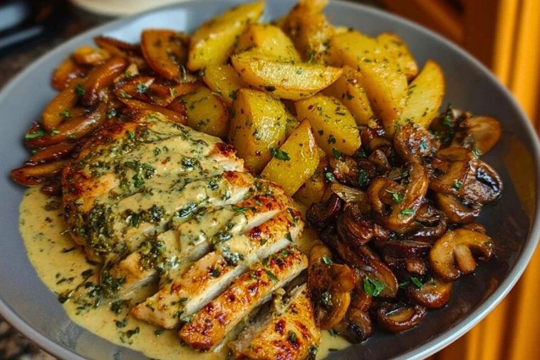 Chestnut Garlic Greek Chicken Alfredo with Sage Potatoes & Mushroom Pesto Cream 1