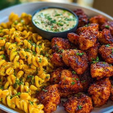 Chili Garlic Butter Chicken Bites with Creamy Cajun Corn Alfredo Twists