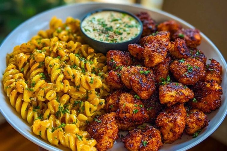 Chili Garlic Butter Chicken Bites with Creamy Cajun Corn Alfredo Twists