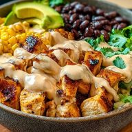 Chipotle Chicken Bowl with Black Beans, Corn, & Creamy Sauce