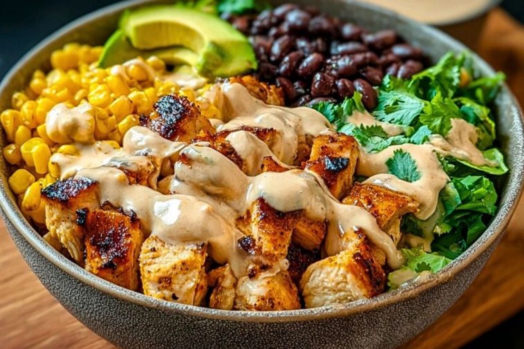 Chipotle Chicken Bowl with Black Beans, Corn, & Creamy Sauce