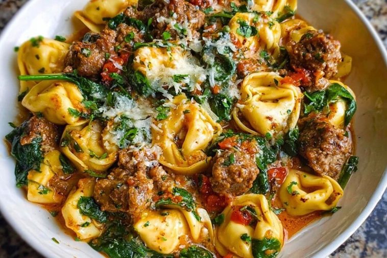 Creamy Garlic Butter Beef Tortellini with Italian Sausage & Spinach