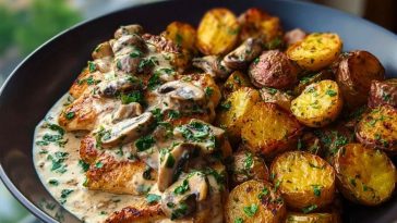 Delicious Creamy Mushroom Garlic Chicken Alfredo Recipe with Hot Honey Roasted Potatoes