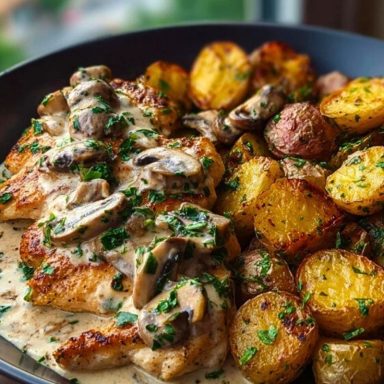 Delicious Creamy Mushroom Garlic Chicken Alfredo Recipe with Hot Honey Roasted Potatoes