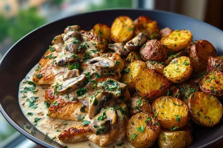 Delicious Creamy Mushroom Garlic Chicken Alfredo Recipe with Hot Honey Roasted Potatoes