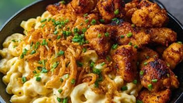 Garlic Butter Chicken Bites & Cajun Alfredo Mac with Crispy Onion Topping 1