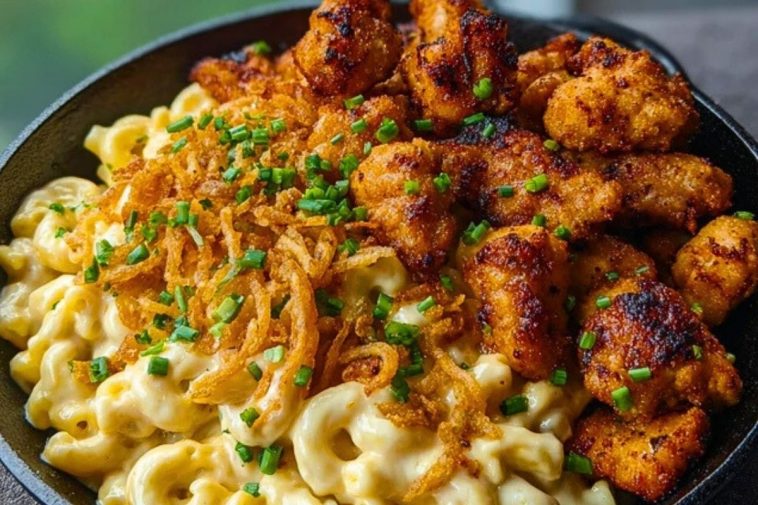 Garlic Butter Chicken Bites & Cajun Alfredo Mac with Crispy Onion Topping 1