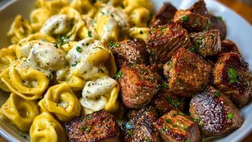 Garlic Butter Steak Bites with Creamy Parmesan Tortellini and Garlic Sauce