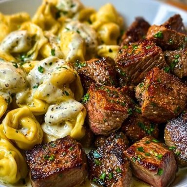 Garlic Butter Steak Bites with Creamy Parmesan Tortellini and Garlic Sauce