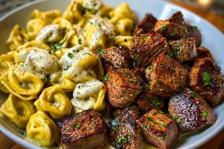 Garlic Butter Steak Bites with Creamy Parmesan Tortellini and Garlic Sauce