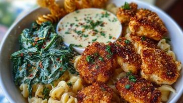 Garlic Parmesan Chicken Bites with Hot Cajun Alfredo & Crispy Spinach Twists
