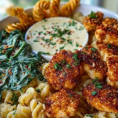 Garlic Parmesan Chicken Bites with Hot Cajun Alfredo & Crispy Spinach Twists