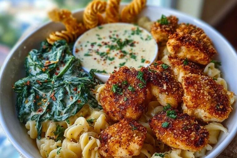Garlic Parmesan Chicken Bites with Hot Cajun Alfredo & Crispy Spinach Twists