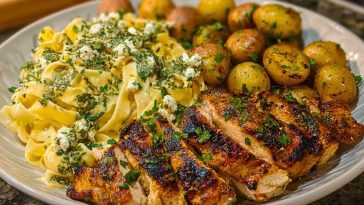 Greek Chicken Alfredo & Garlic Potatoes with Spicy Hot Honey Tahini Pesto 1