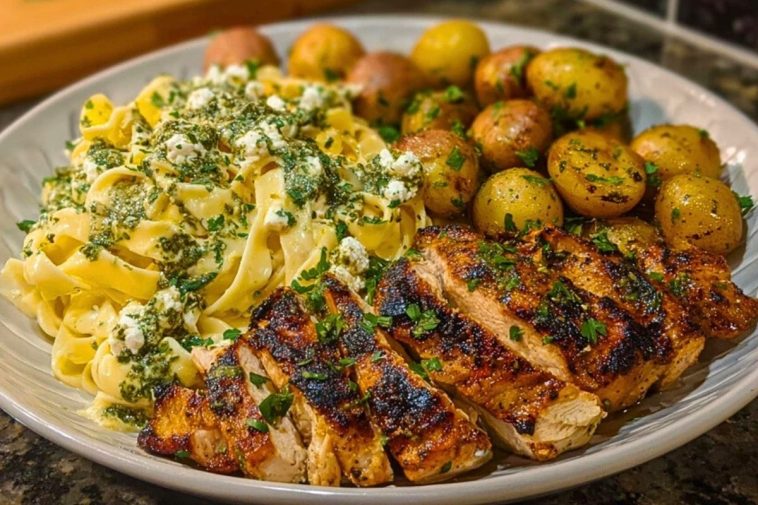 Greek Chicken Alfredo & Garlic Potatoes with Spicy Hot Honey Tahini Pesto 1