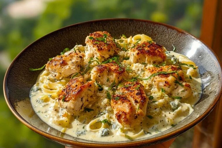 Herbed Chicken Alfredo with Truffle Feta Cream & Crispy Parmesan Leeks