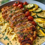 Lemon Dill Chicken Alfredo with Roasted Red Pepper Whipped Feta & Crispy Parmesan Zucchini 1