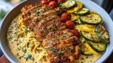 Lemon Dill Chicken Alfredo with Roasted Red Pepper Whipped Feta & Crispy Parmesan Zucchini 1