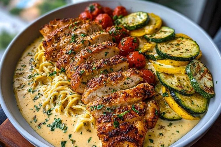 Lemon Dill Chicken Alfredo with Roasted Red Pepper Whipped Feta & Crispy Parmesan Zucchini 1