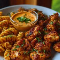 Lemon Pepper Chicken Bites & Roasted Red Pepper Cajun Alfredo Twists