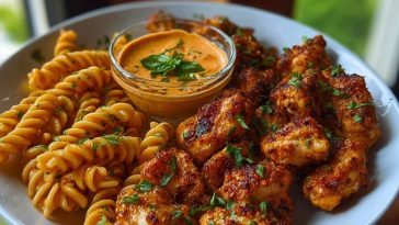 Lemon Pepper Chicken Bites & Roasted Red Pepper Cajun Alfredo Twists