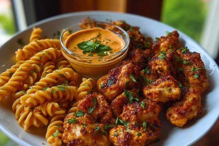 Lemon Pepper Chicken Bites & Roasted Red Pepper Cajun Alfredo Twists