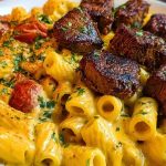 Rigatoni in Garlic Butter Parmesan Cream Sauce with Cajun Steak Tips