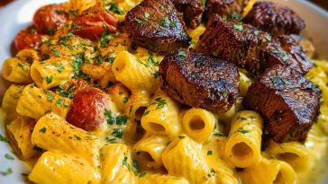 Rigatoni in Garlic Butter Parmesan Cream Sauce with Cajun Steak Tips