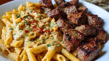 Savory Cajun Steak Tips with Cheesy Penne Parmesan Sauce Recipe