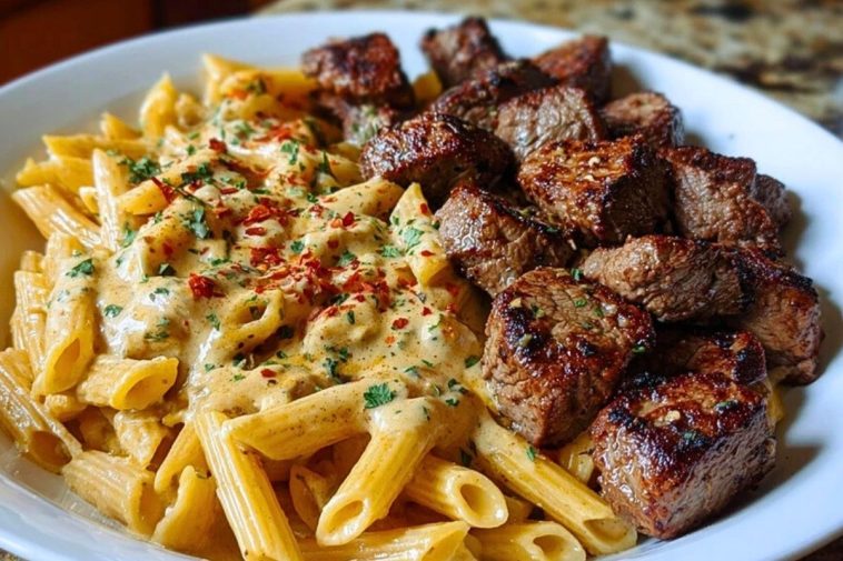 Savory Cajun Steak Tips with Cheesy Penne Parmesan Sauce Recipe