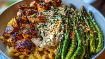 Savory Greek Chili Chicken Alfredo Recipe with Smoked Feta Cream & Crispy Parmesan Asparagus