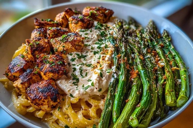 Savory Greek Chili Chicken Alfredo Recipe with Smoked Feta Cream & Crispy Parmesan Asparagus