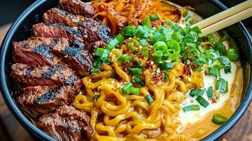 Spicy Korean Ramen with Grilled Beef & Creamy Sauce