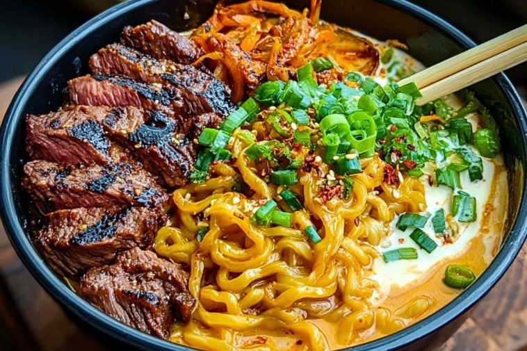 Spicy Korean Ramen with Grilled Beef & Creamy Sauce