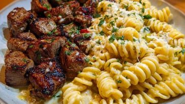 Steak Bites and Cheesy Rotini in Garlic Parmesan Sauce