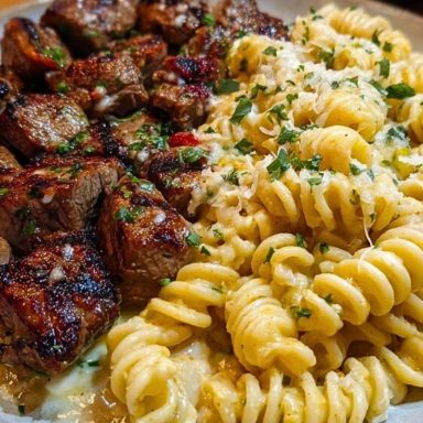 Steak Bites and Cheesy Rotini in Garlic Parmesan Sauce