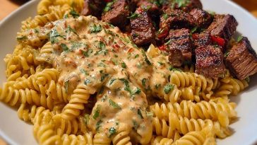 Steak Bites in Garlic Parmesan Sauce over Rotini